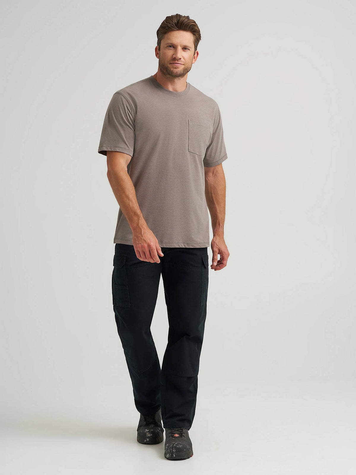 Wrangler Men's RIGGS Workwear Pocket Performance T-Shirt in Nickel, full-length front view