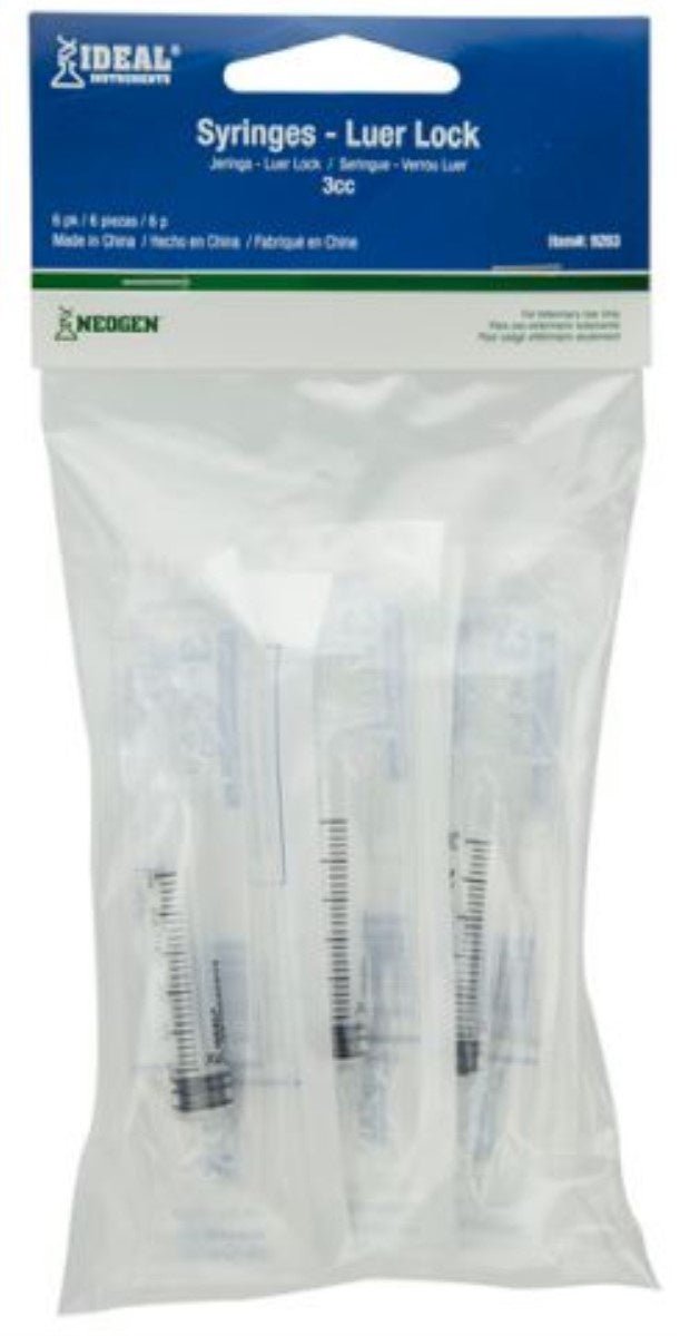 A package of three 3cc Luer Lock syringes with clear barrels and bold scale markings.