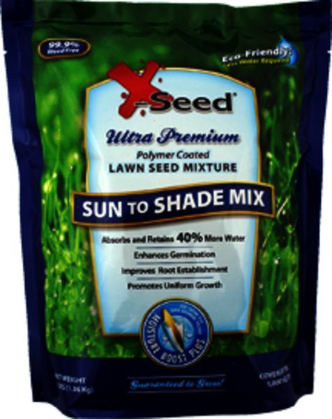 A three-pound bag of X-Seed Sun to Shade lawn seed mixture with polymer coating.