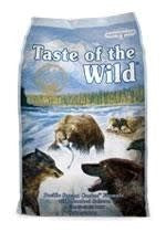 A bag of Taste of the Wild Pacific Stream dog food featuring illustrations of bears and wolves.