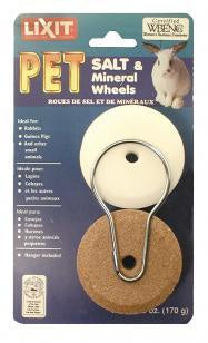 A Lixit salt and mineral wheel set for small animals with a metal hanging clip.