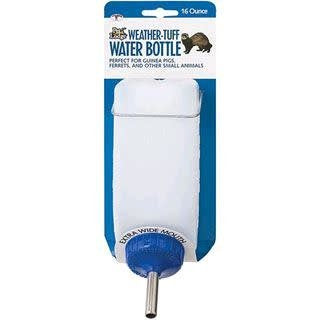 A 16-ounce white plastic water bottle with a blue cap and stainless steel nozzle for small pets.