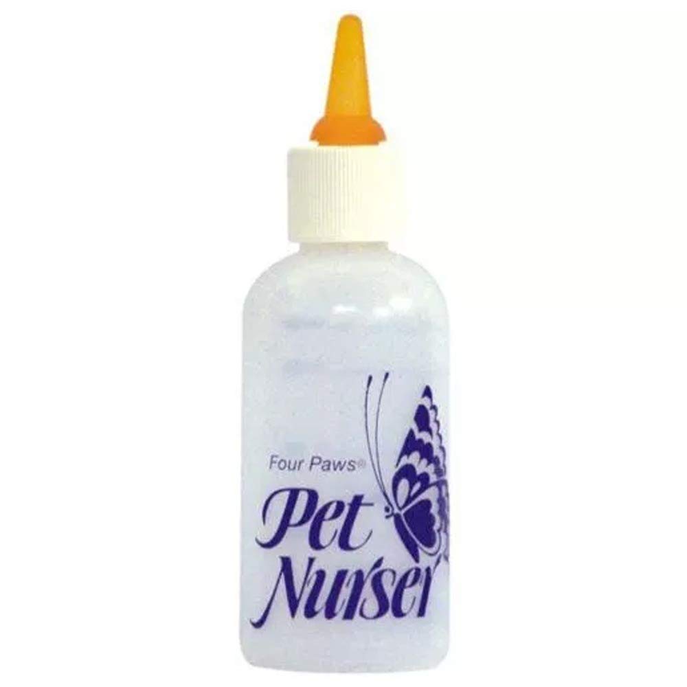 A small, clear plastic bottle with a white cap and an orange nipple for feeding pets.
