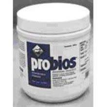 A white plastic container of Vets Plus Probios dispersible powder with a blue label.