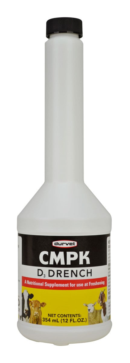 A bottle of Durvet CMPK D3 oral drench supplement for livestock.