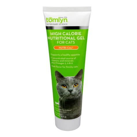 A tube of Tomlyn Nutri-Cal high-calorie nutritional gel for cats featuring a grey cat image.