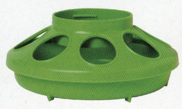 Apple green plastic feeder base with multiple feeding ports for a poultry waterer or feeder.
