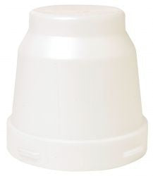 A one-gallon transparent plastic poultry waterer jar with a nesting lug design.
