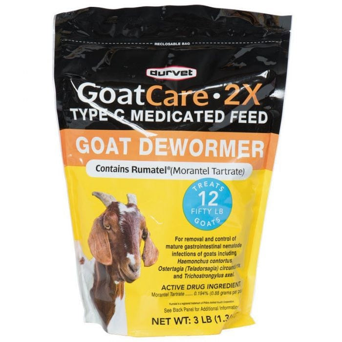 A three-pound bag of Durvet Goat Care 2X medicated dewormer feed for goats.