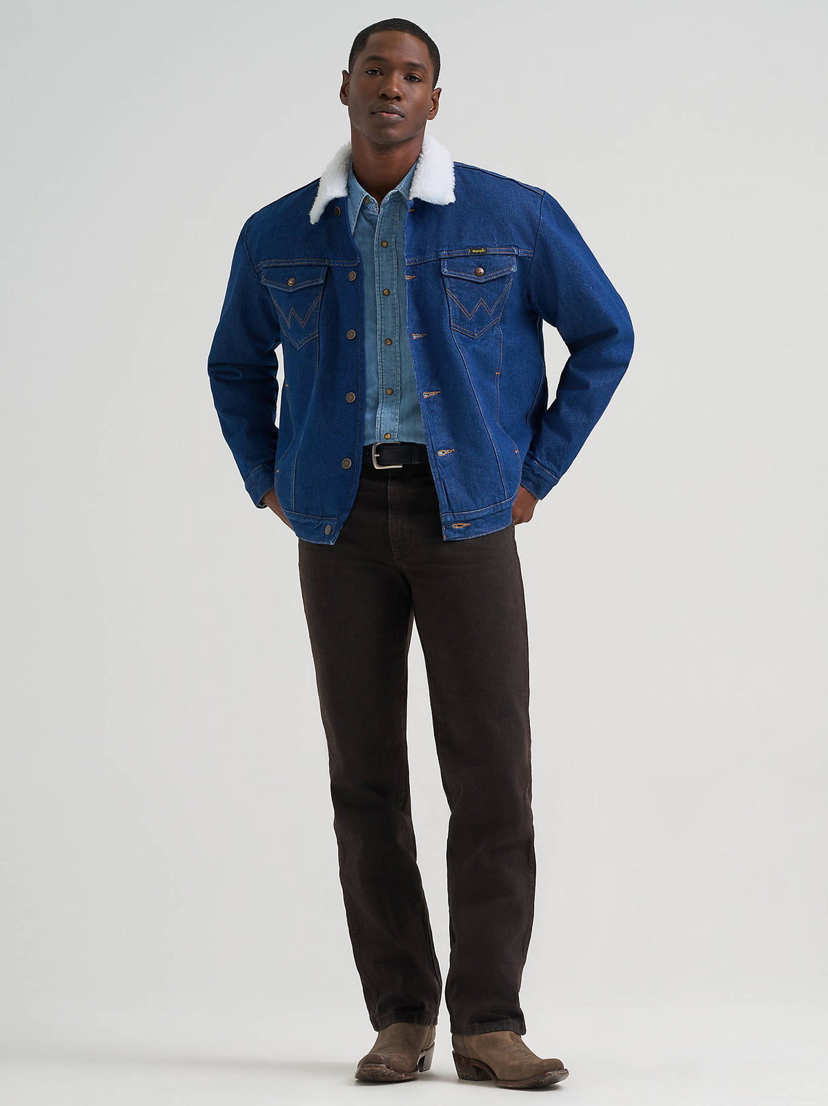 Wrangler Men's Western Sherpa-Lined Denim Jacket - Prewashed, full-length front view