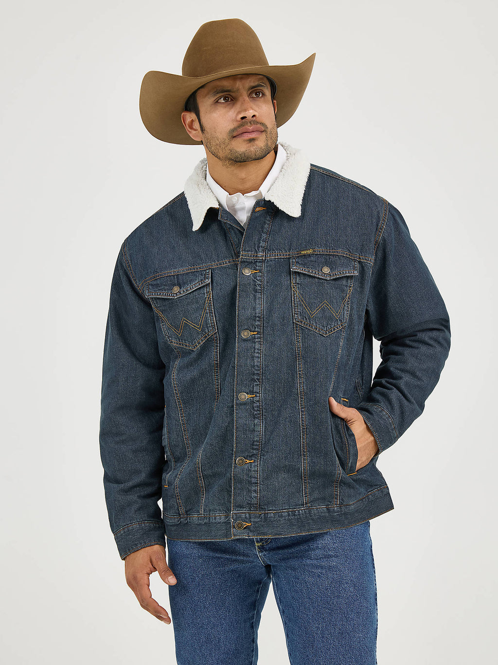Wrangler Men's Western Sherpa-Lined Denim Trucker Jacket - Rustic, studio front view