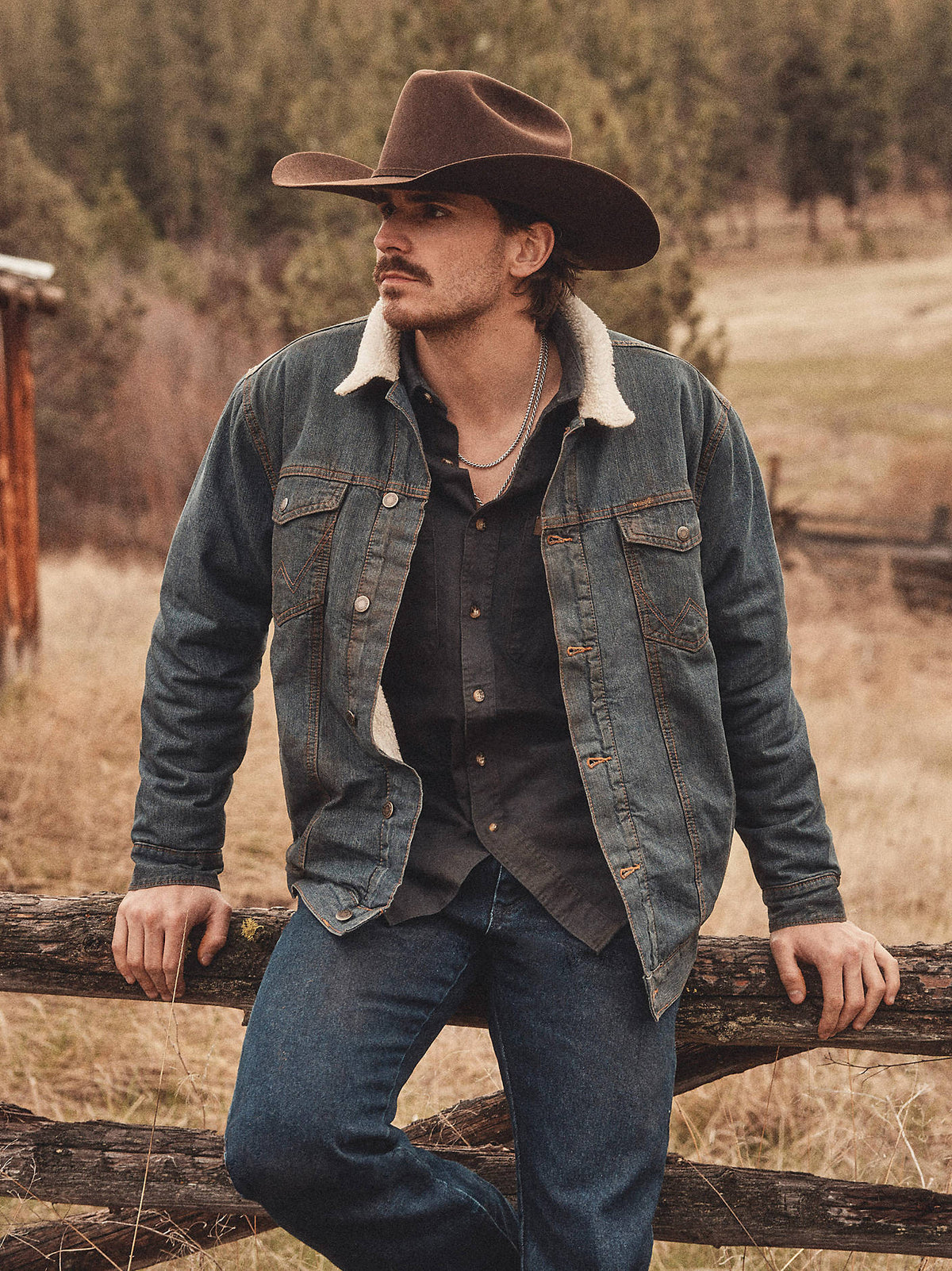 Wrangler Men's Western Sherpa-Lined Denim Trucker Jacket - Rustic, outdoor front view