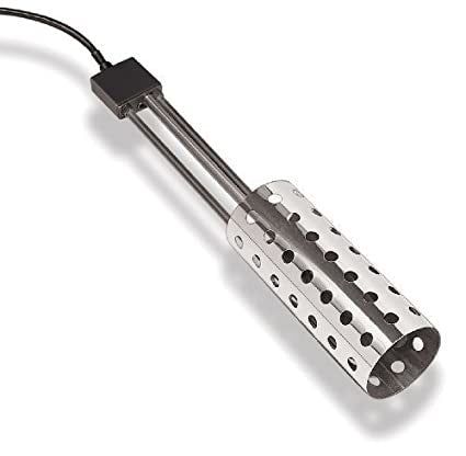 A stainless steel bucket heater with a protective guard and a black power cord.