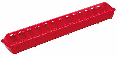 A red plastic flip-top poultry feeder with 28 feeding holes.