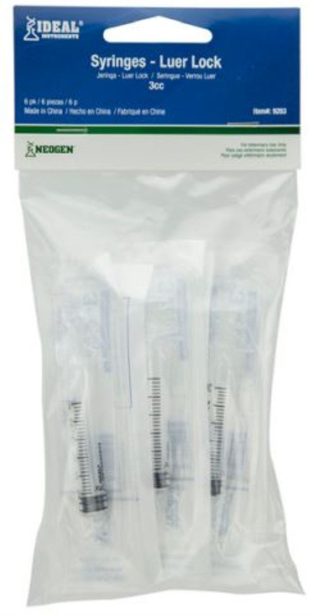 A package of three 3cc Luer Lock syringes with clear barrels and bold scale markings.