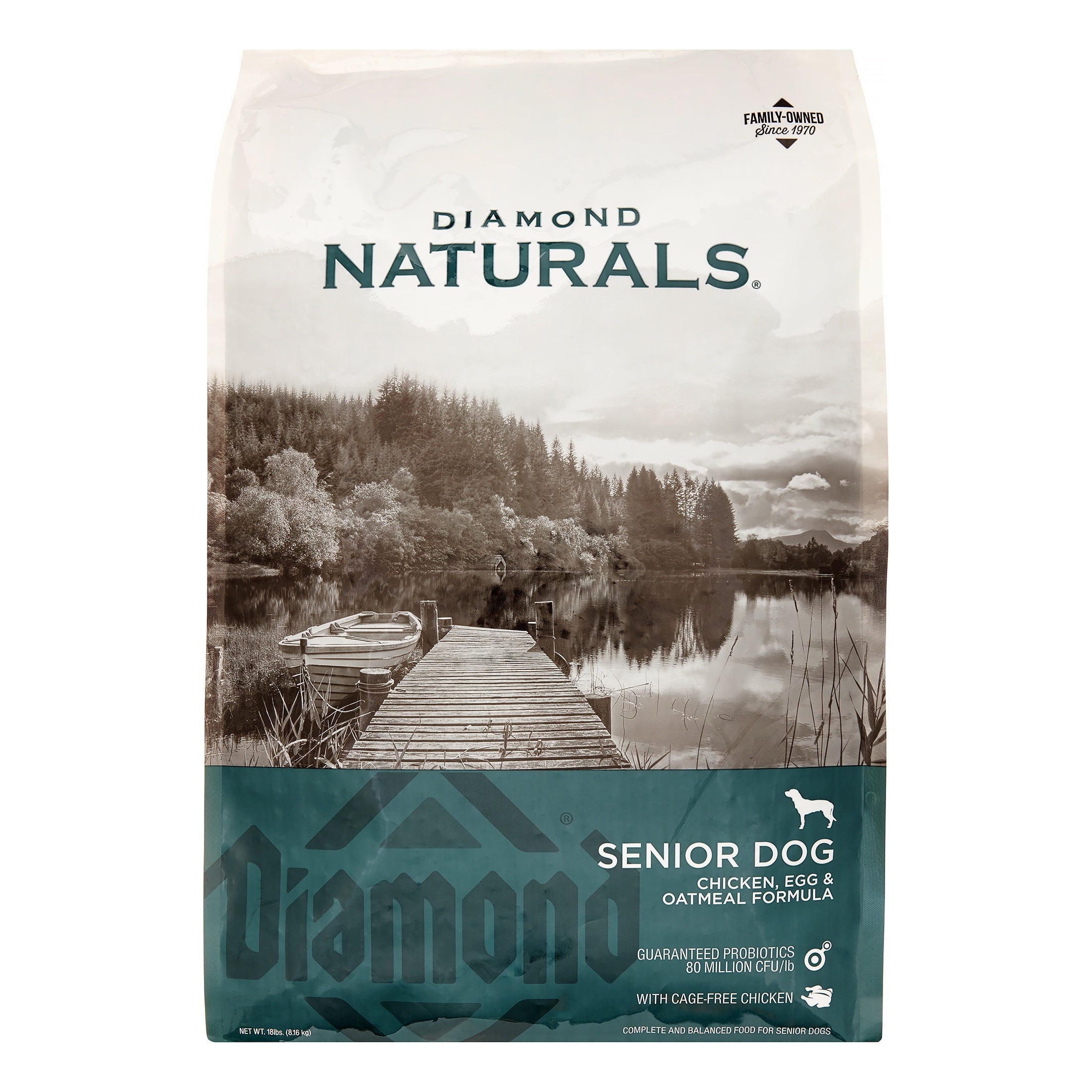 An 18-pound bag of Diamond Naturals Senior Dog chicken, egg, and oatmeal formula dry food.