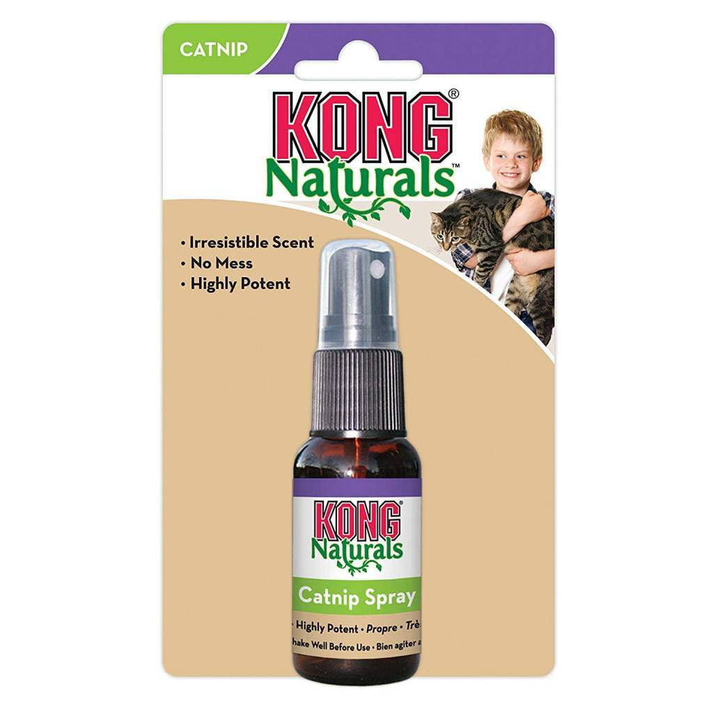 A bottle of Kong Naturals catnip spray in its retail packaging featuring a child holding a cat.