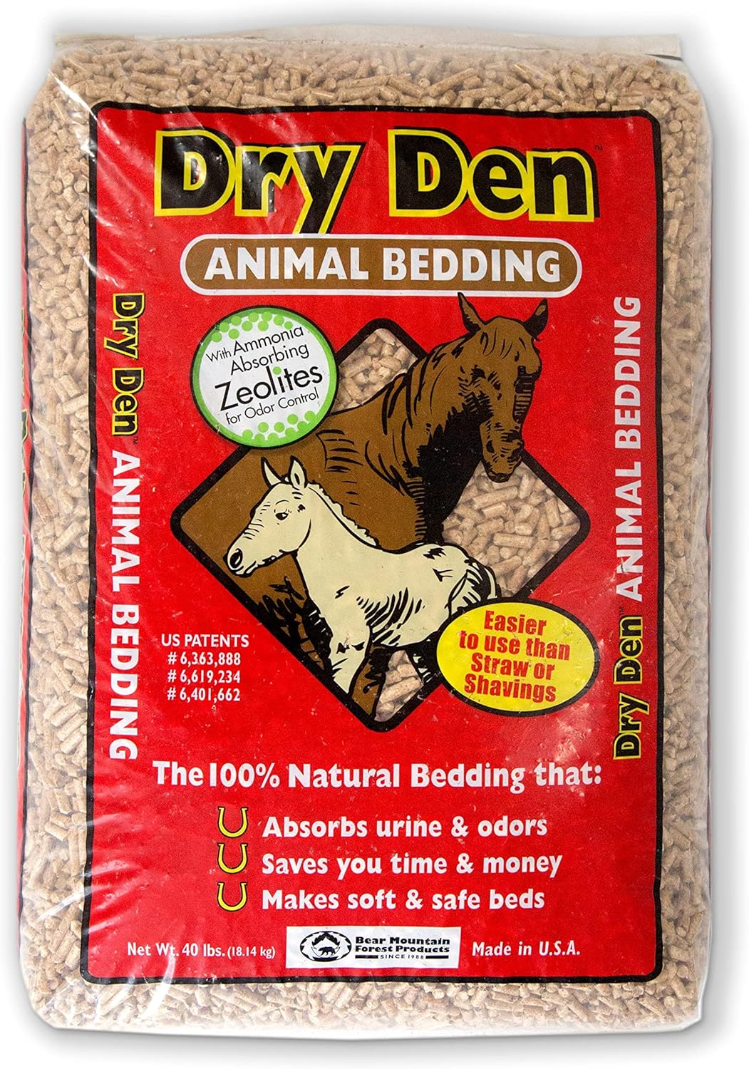 A forty-pound bag of Dry Den wood pellet animal bedding featuring a horse illustration.