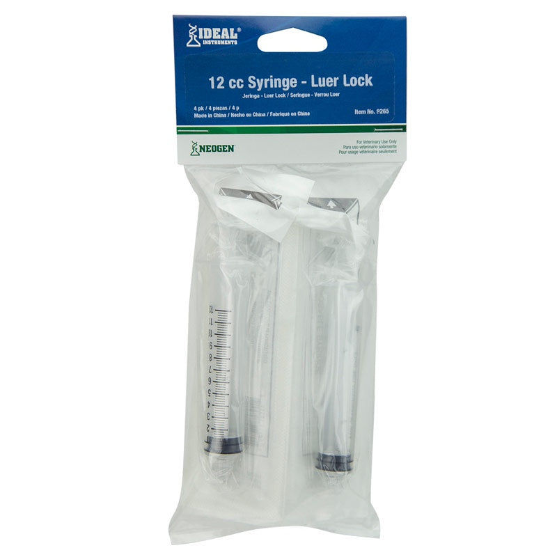 A four-pack of 12cc Luer Lock syringes in clear plastic packaging.