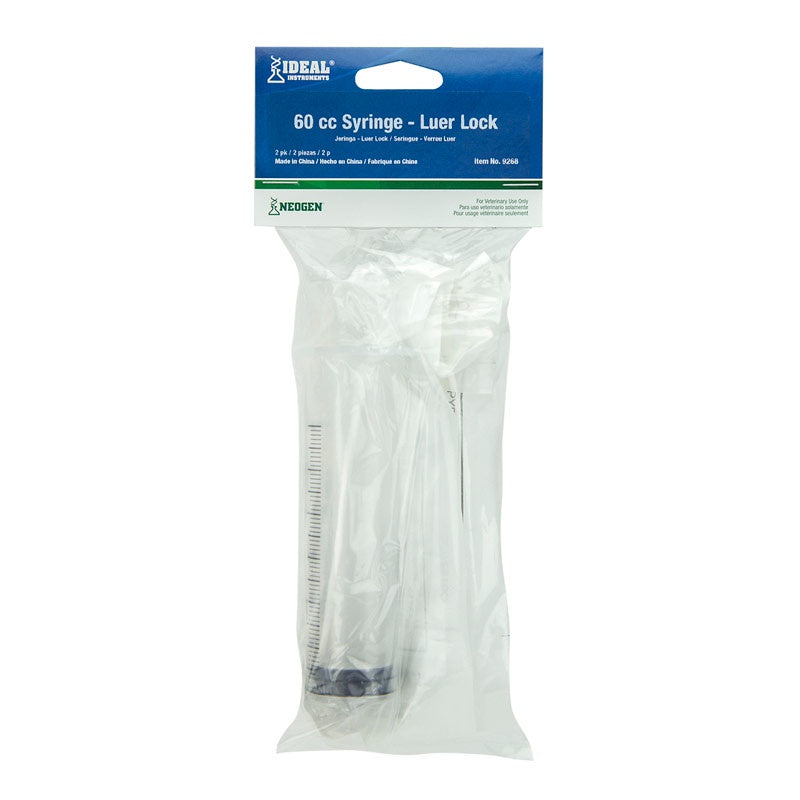 A two-pack of 60cc Luer Lock syringes in clear plastic packaging.