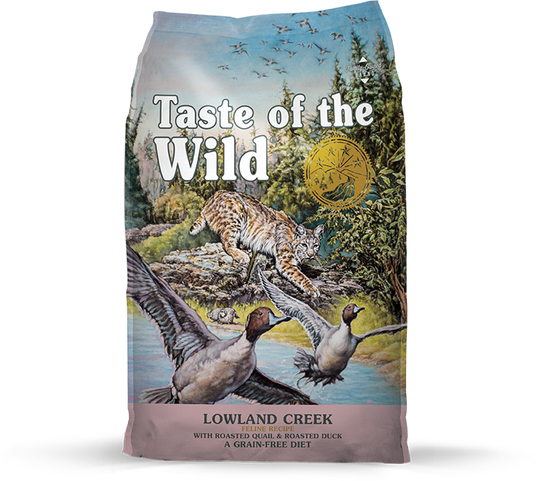 A bag of Taste of the Wild Lowland Creek feline cat food featuring a bobcat and ducks.