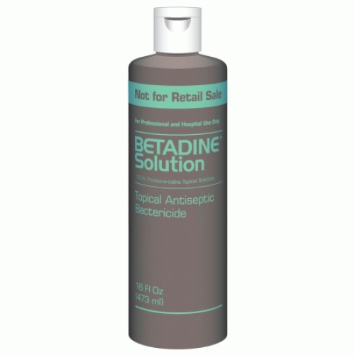 A 16 fluid ounce bottle of Betadine topical antiseptic solution for professional use.