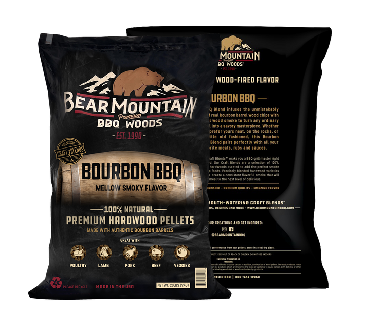 A 20-pound bag of Bear Mountain Bourbon BBQ premium hardwood pellets for smokers.