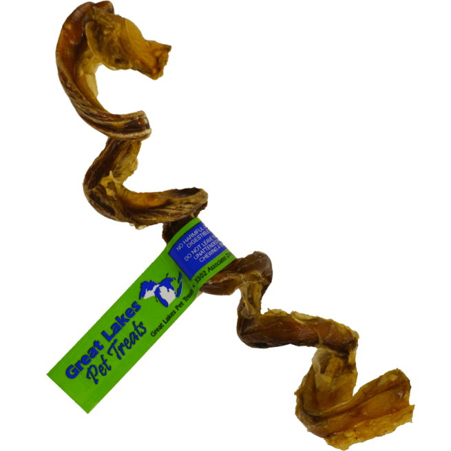 A spiral-shaped, natural bully stick dog chew with a Great Lakes Pet Treats label attached.