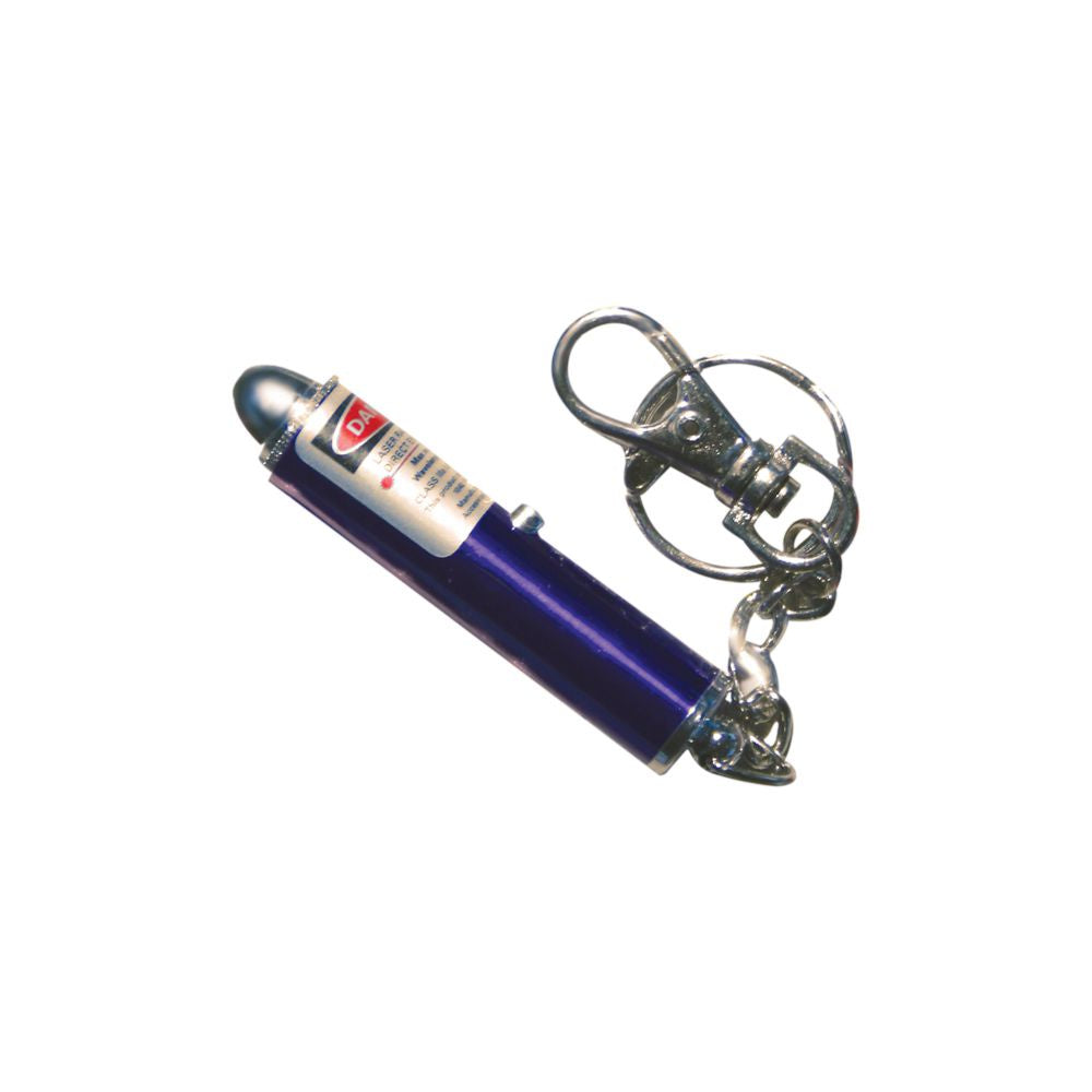 A purple laser pointer toy for cats attached to a metal keychain clip.