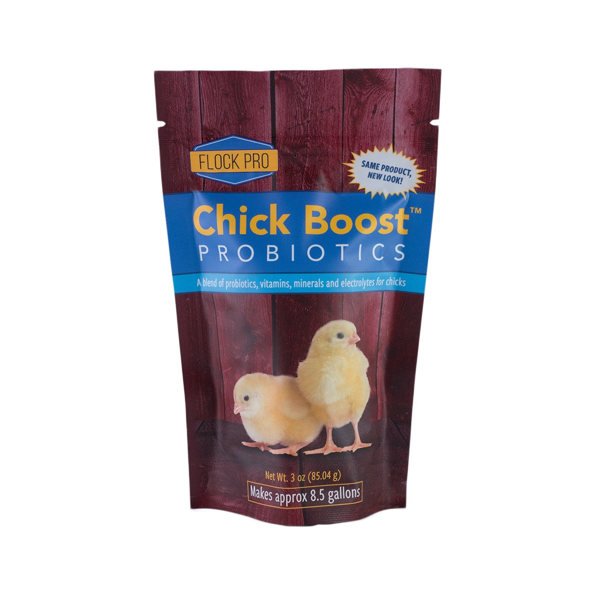 A 3-ounce pouch of Flock Pro Chick Boost probiotics featuring two yellow chicks on the front.