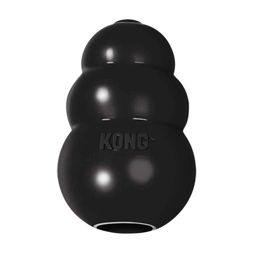A black, three-tiered rubber Kong dog toy designed for heavy chewers.