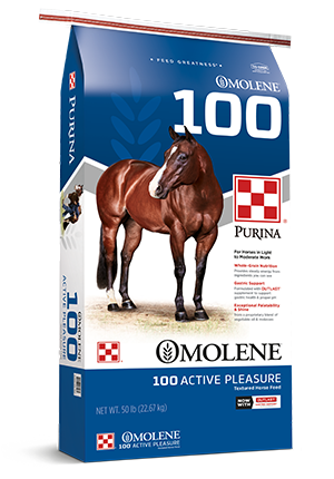 A 50-pound bag of Purina Omolene 100 Active Pleasure textured horse feed featuring a brown horse.