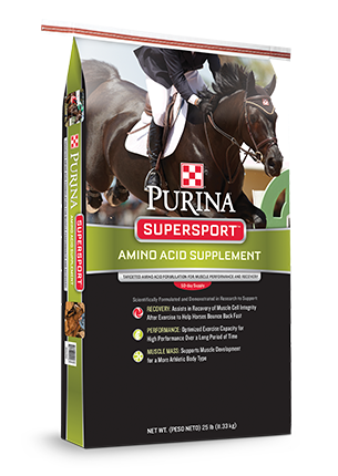 A 25-pound bag of Purina Supersport amino acid supplement for horses.