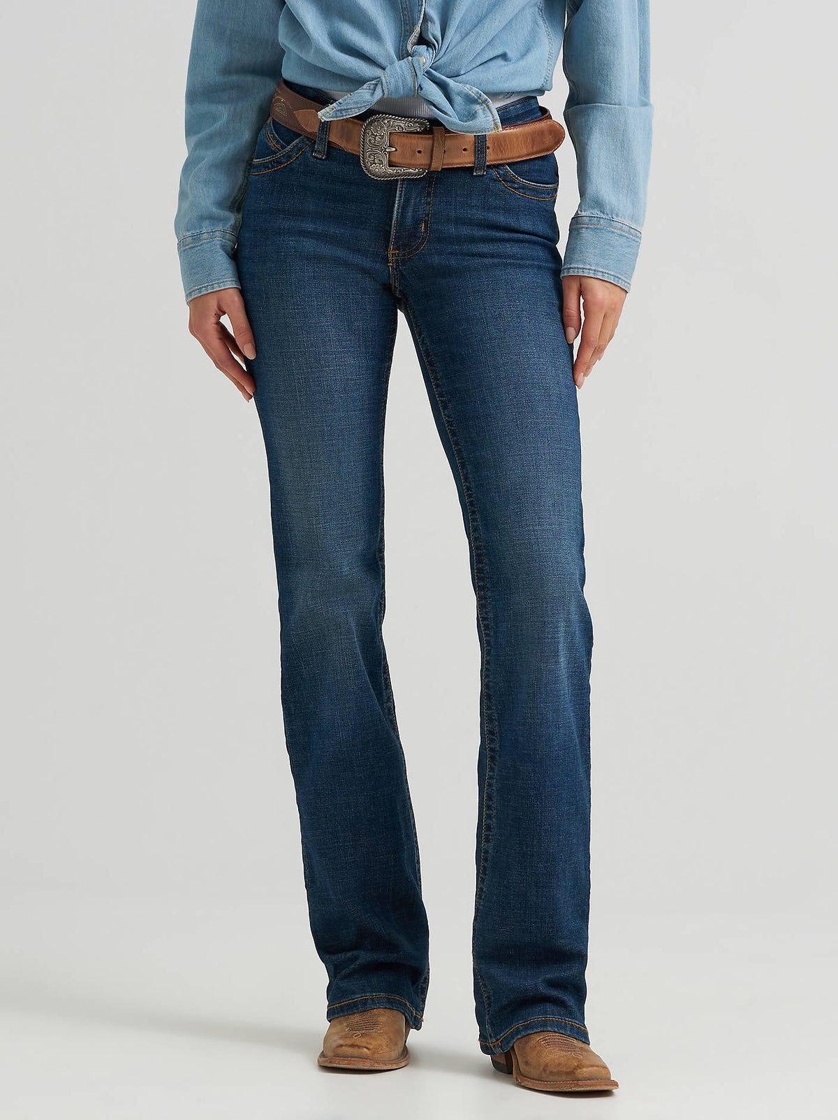 Wrangler Women's Ultimate Riding Willow Bootcut Jeans in Lovette, front detail