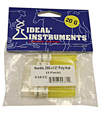 A five-pack of 20 gauge by 1/2 inch veterinary needles with yellow plastic hubs in a plastic bag.