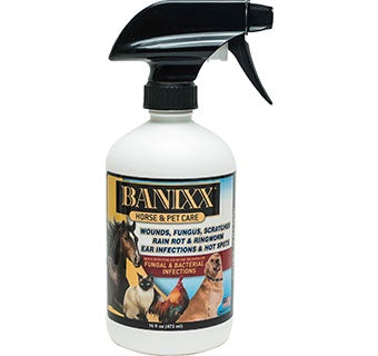 A 16-ounce spray bottle of Banixx wound and hoof care solution for horses and pets.