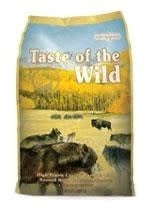 A bag of Taste of the Wild High Prairie dog food featuring an image of bison and wolves.