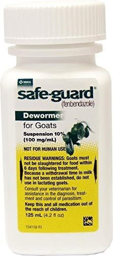 A white bottle of Safeguard fenbendazole dewormer suspension for goats.