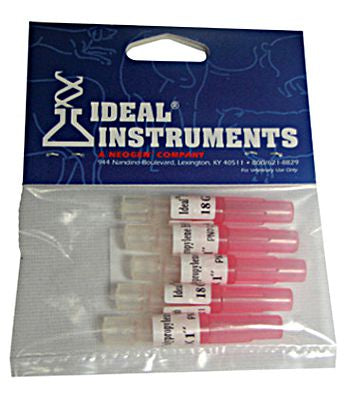 A package of five 18 gauge by 1 inch poly hub needles from Ideal Instruments.