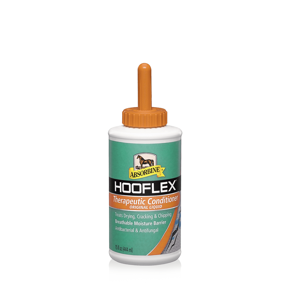 A 15-ounce bottle of Absorbine Hooflex therapeutic hoof conditioner liquid with an orange cap.