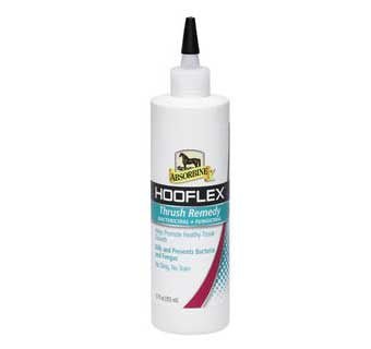 A 12-ounce squeeze bottle of Absorbine Hooflex Thrush Remedy for horse hoof care.