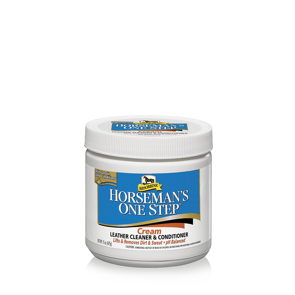 A white plastic jar of Absorbine Horseman's One Step leather cleaner and conditioner cream.