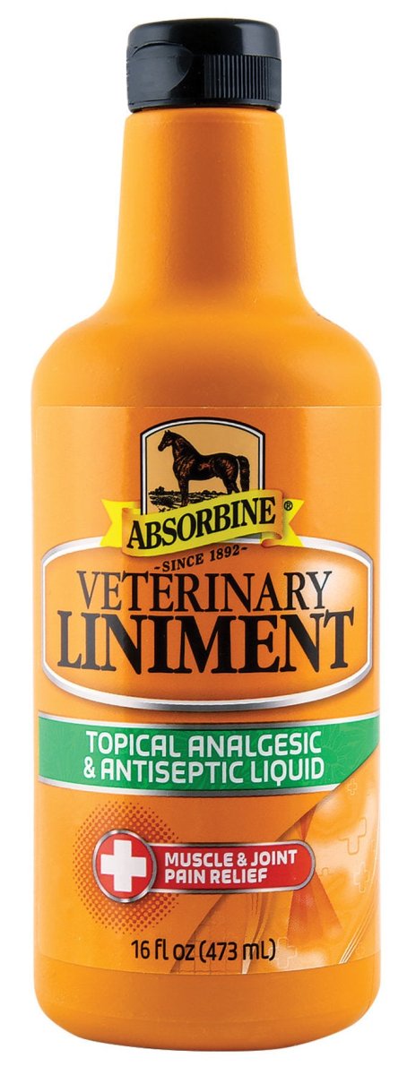 A 16 fluid ounce orange bottle of Absorbine Veterinary Liniment for muscle and joint pain relief.