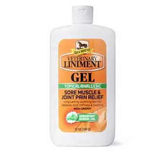 A 12 ounce bottle of Absorbine Veterinary Liniment Gel for sore muscle and joint pain relief.