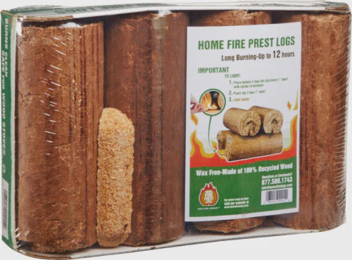 A six-pack of compressed wood fire logs wrapped in clear plastic with an instructional label.