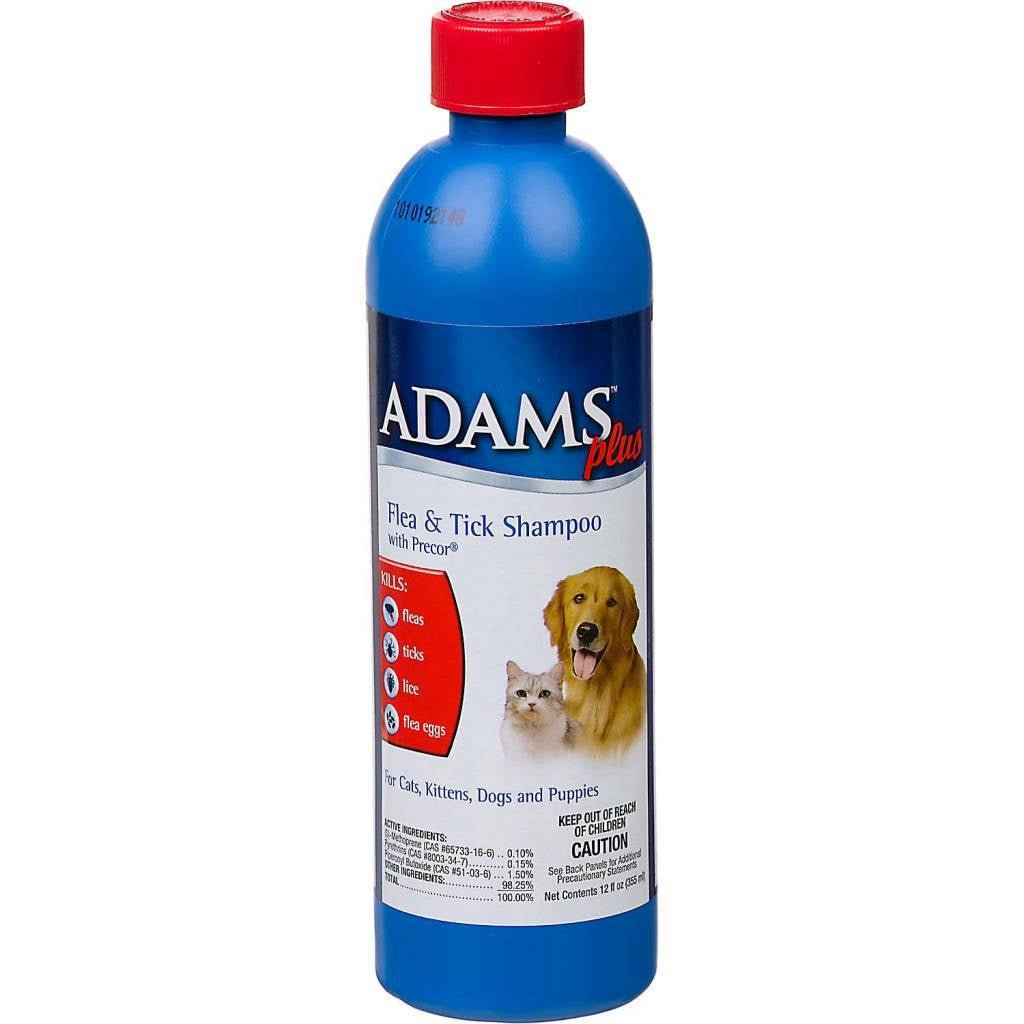 A 12-ounce blue bottle of Adams Flea and Tick Shampoo featuring a dog and cat on the label.