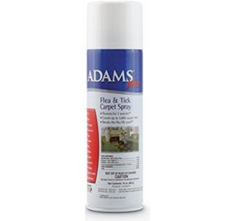 A 16-ounce aerosol can of Adams Plus Flea and Tick Carpet Spray with a blue and white label.