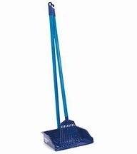 A blue long-handled rake and dustpan set for picking up pet waste.