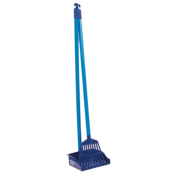 A blue plastic long-handled rake and pan set for picking up pet waste.