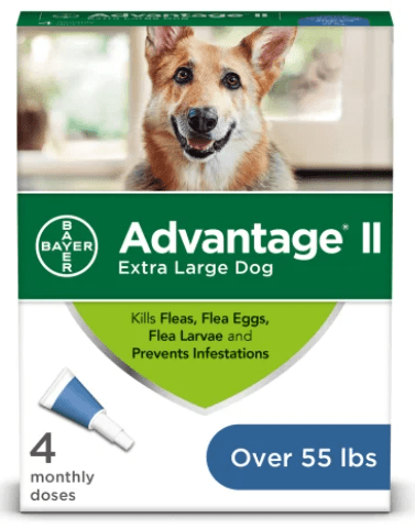 A box of Advantage II flea treatment for extra large dogs over 55 pounds containing four doses.
